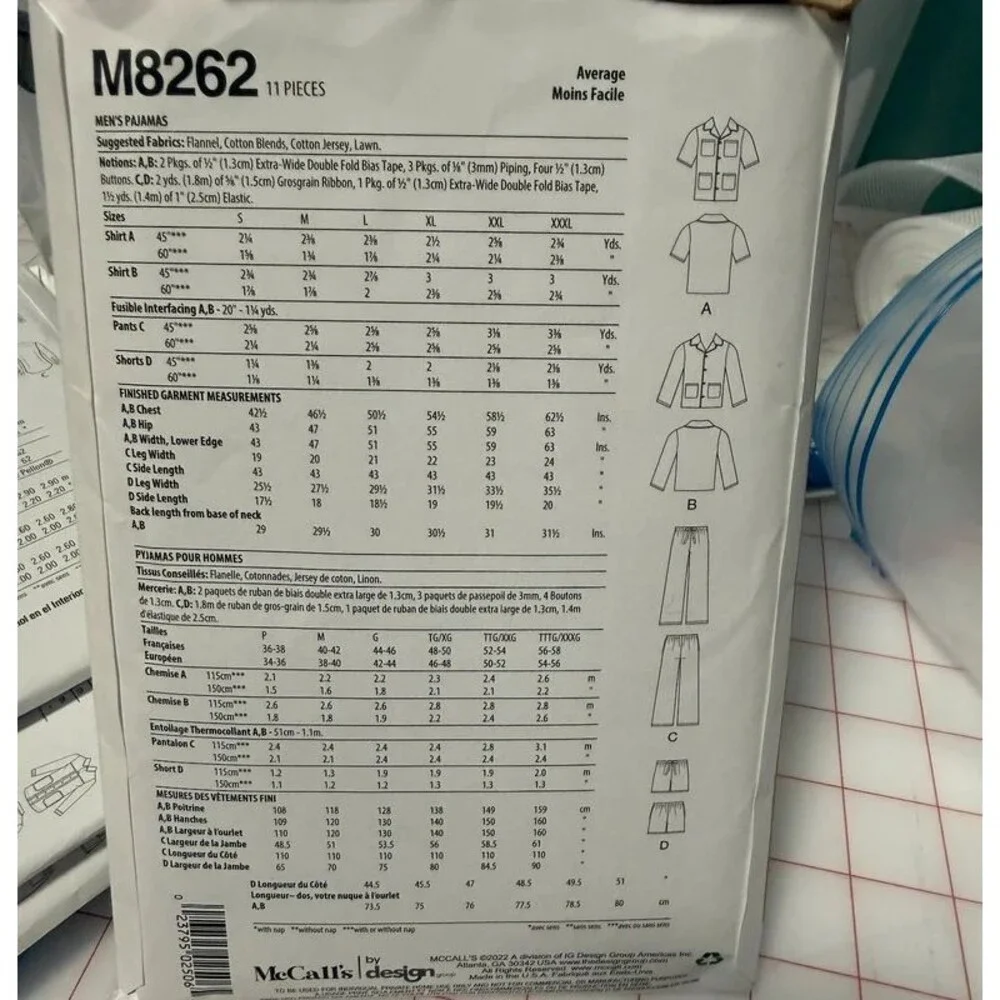 xn(xl-xxxl), M8262 McCall's Sewing Pattern Men's Pajamas, Cut around all sizes